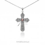 Oxidized silver cross with natural stone - garnet
