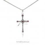 Oxidized silver pendant CROSS with rubies