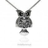 OWL pendant brooch with marcasites and black and white enamel