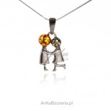 Silver pendant Dancing couple - with amber