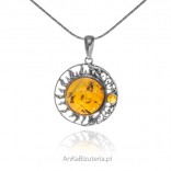 Silver pendant with amber MOON AND SUN