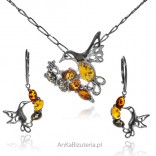 Silver jewelry set A bird on a twig with amber