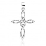 A silver rhodium-plated cross with an infinity sign
