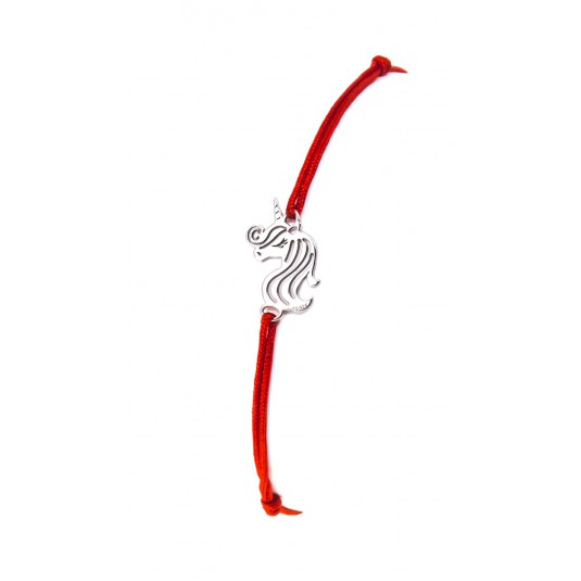 Bransoletka czerwony sznureczek ze srebrnym JEDNOROŻCEM