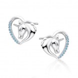 Silver unicorn earrings in a heart with aquamarine zircons and white eyelet
