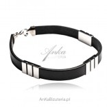 Men's bracelet made of silver and natural black Italian leather