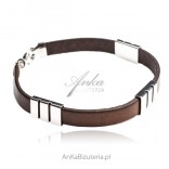 Men's silver bracelet made of natural brown Italian leather