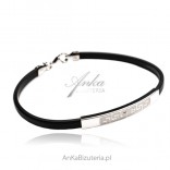 A silver men's bracelet made of natural Italian leather, black with a Greek pattern