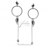 Silver earrings dangling circles with cubic zirconia and a wing