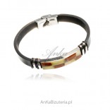 Women's bracelet made of leather and amber, stainless steel