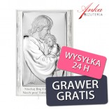 Silver picture of Jesus hugging a child on white wood 9 cm / 13.5 cm