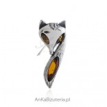 Silver fox brooch with amber