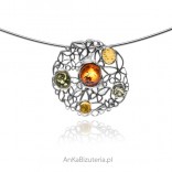 Silver pendant with colored amber BUTTERFLIES
