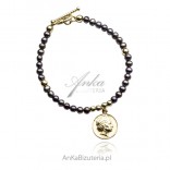 Gold-plated silver bracelet MEDALLION with a dark pearl