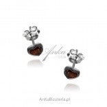 Silver heart earrings with cognac amber