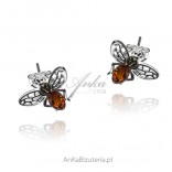 Silver BEES earrings with amber