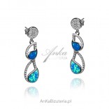 Silver earrings with blue opal and cubic zirconia
