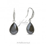 Silver earrings with Swarovski Classy Pear crystals in Dark Gray color.
