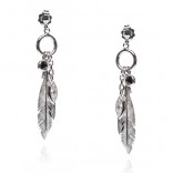 Silver jewelry, feather earrings with black and white cubic zirconia