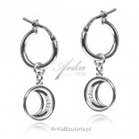 Silver hoop earrings with a pendant Moon with cubic zirconia