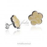Silver earrings with white and yellow amber - flowers