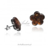Silver earrings with cognac amber flowers