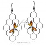 Silver earrings with amber Bee on a honeycomb