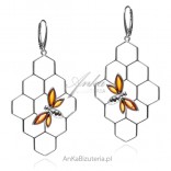 Silver earrings with amber - bee on a honeycomb - cognac