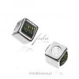 Silver amber charms for modular bracelets. Cube with green amber
