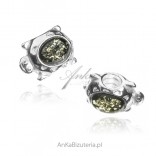 Silver amber charms for modular bracelets Turtle with green amber