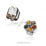 Silver amber charms for modular bracelets Flower with colorful amber