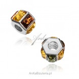 Silver amber charms for fashion bracelets. Ring with colored amber