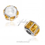 Silver amber charms for fashion bracelets. Ring with lemon amber
