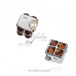 Silver amber charm for fashion bracelets Rubik's Kosta with cognac amber