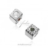 Silver amber charms for modular bracelets. Cube with green amber