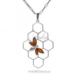 Silver pendant with cognac amber Bee on a honeycomb