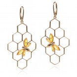Gold-plated silver earrings with amber - bee on a honeycomb - cognac