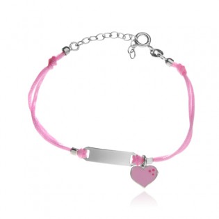 Biżuteria srebrna dziecięca - bransoletka z różowym serduszkiem na różowym sznurku - GRAWER