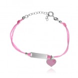 Silver children's jewelry - bracelet with a pink heart on a pink string - ENGRAVING