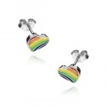 Silver heart earrings with rainbow enamel