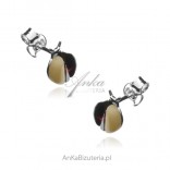 Ladybugs silver earrings with amber in cherry and white color