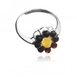 Silver ring with amber FLOWER with cherry and white amber