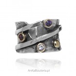 Silver ring with colored zircons, oxidized - size adjustable