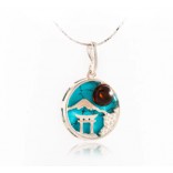 Silver pendant with blue turquoise and amber. Red Kyoto sun