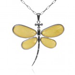 Large silver pendant with yellow amber DRAGONFLY