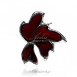 Silver brooch with cherry amber. MAPLE LEAF