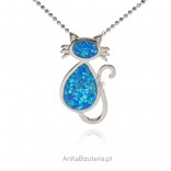 Silver pendant KITTEN with blue opal
