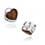 Silver amber charms for modular bracelets Heart with cherry amber with scales