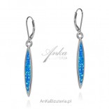 Long silver earrings with blue opal