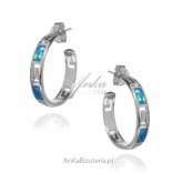 Silver earrings with blue opal circles with a Greek pattern